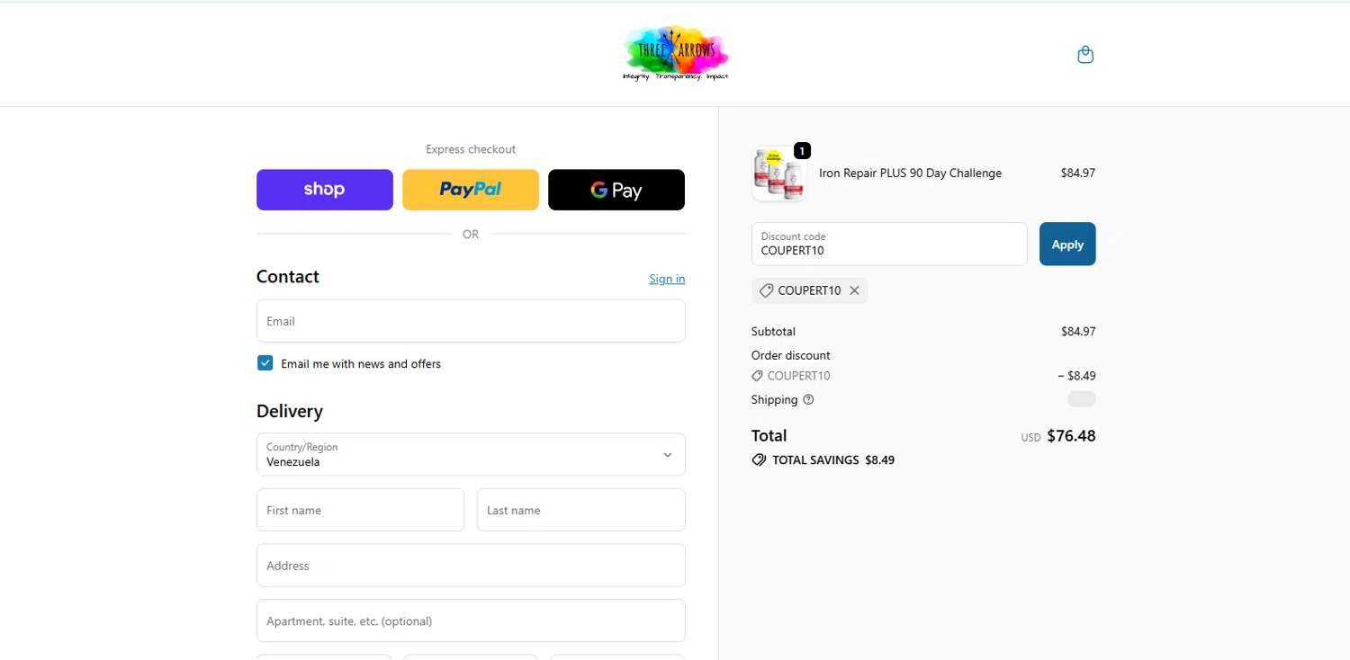 Three Arrows Nutra checkout page showing Three Arrows Nutra discount code box | Screenshot taken by SimplyCodes community member on Feb 11, 2026