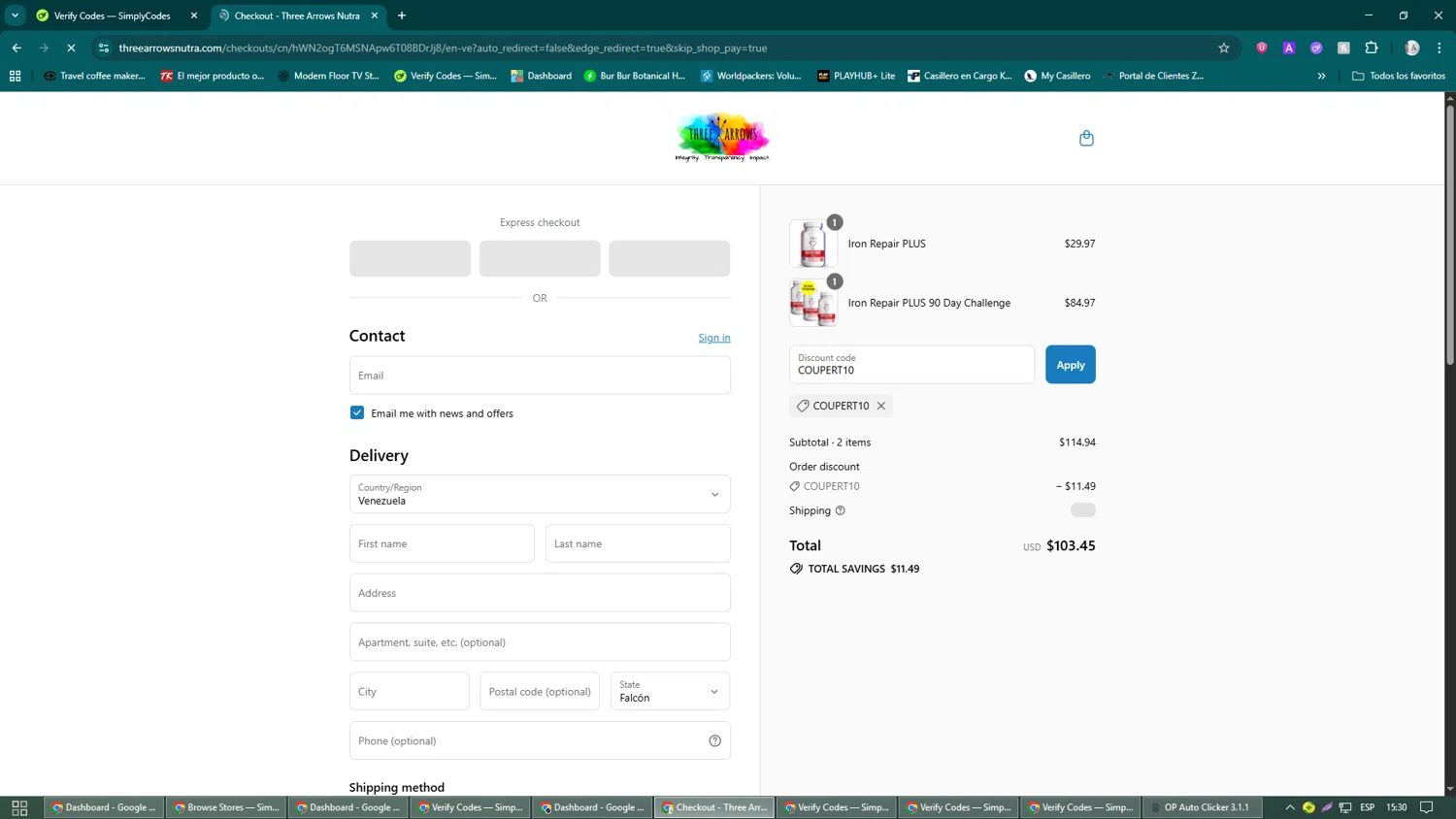 Three Arrows Nutra discount code screenshot showing code COUPERT10 applied at Three Arrows Nutra checkout page. Uploaded by SimplyCodes community member John_Johnson on Sep 10, 2025