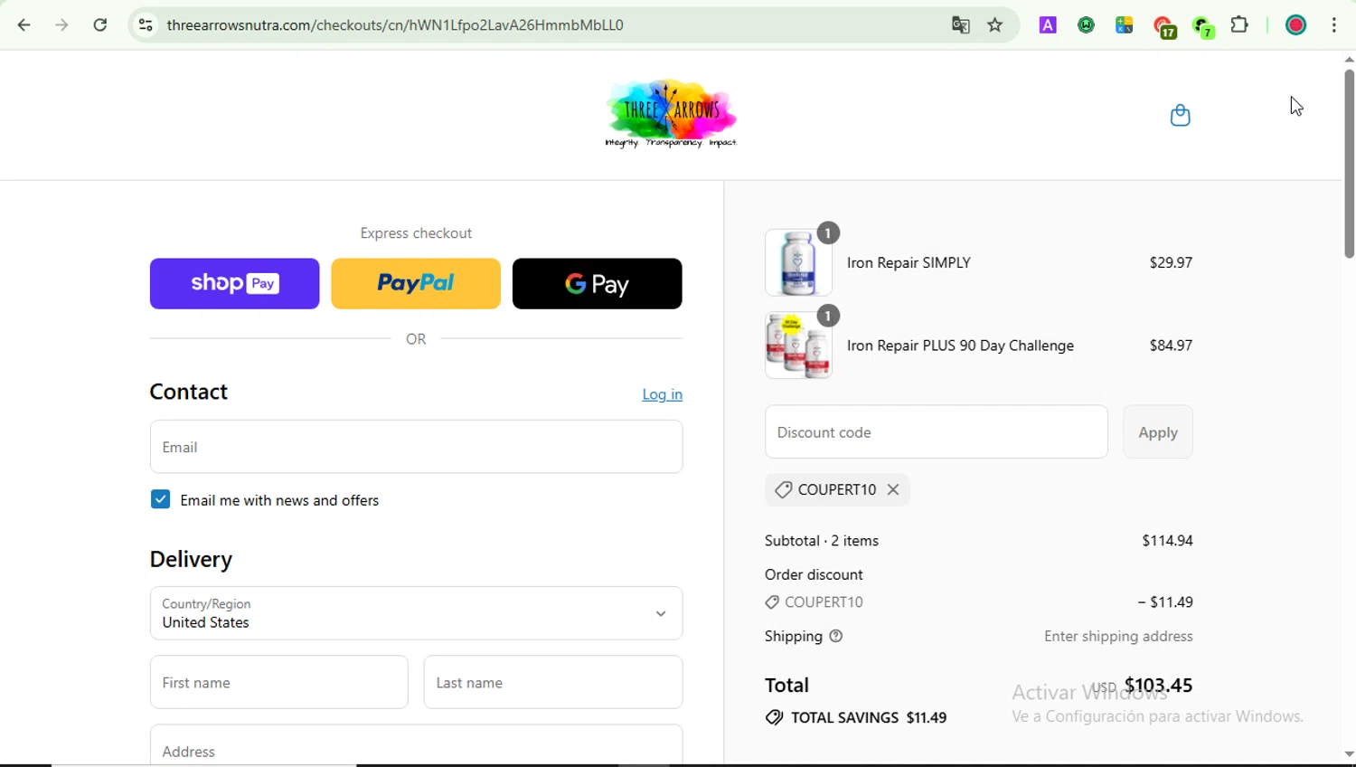 Three Arrows Nutra discount code screenshot showing code COUPERT10 applied at Three Arrows Nutra checkout page. Uploaded by SimplyCodes community member LOVECOUPON on Aug 2, 2025