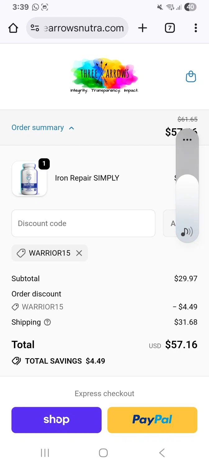 Three Arrows Nutra discount code screenshot showing code Warrior15 applied at Three Arrows Nutra checkout page. Uploaded by SimplyCodes community member KarinaHZ on Nov 4, 2025