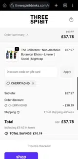 Three Spirit UK coupon verification screenshot
