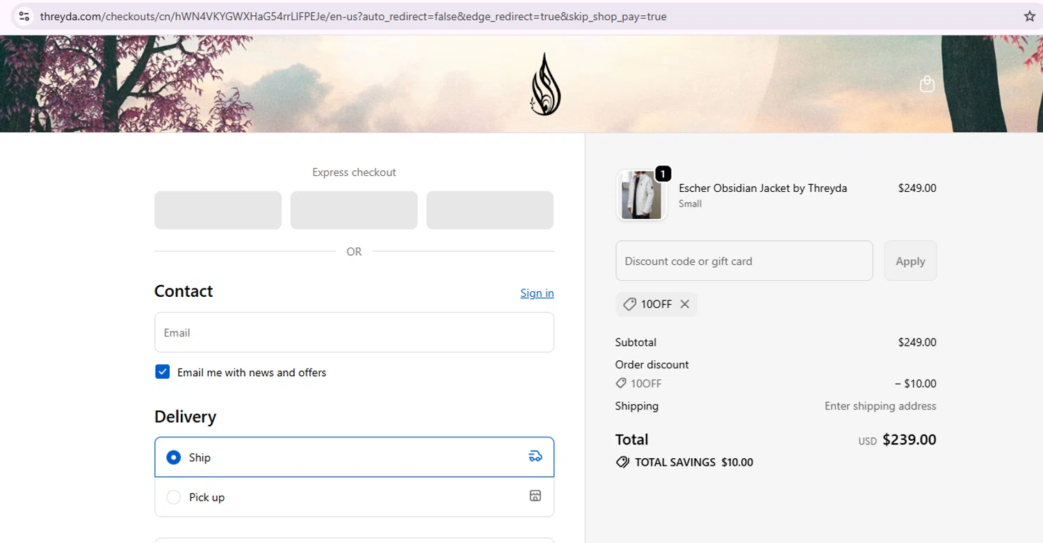 Threyda discount code screenshot showing code 10off applied at Threyda checkout page. Uploaded by SimplyCodes community member Samu10 on Oct 25, 2025