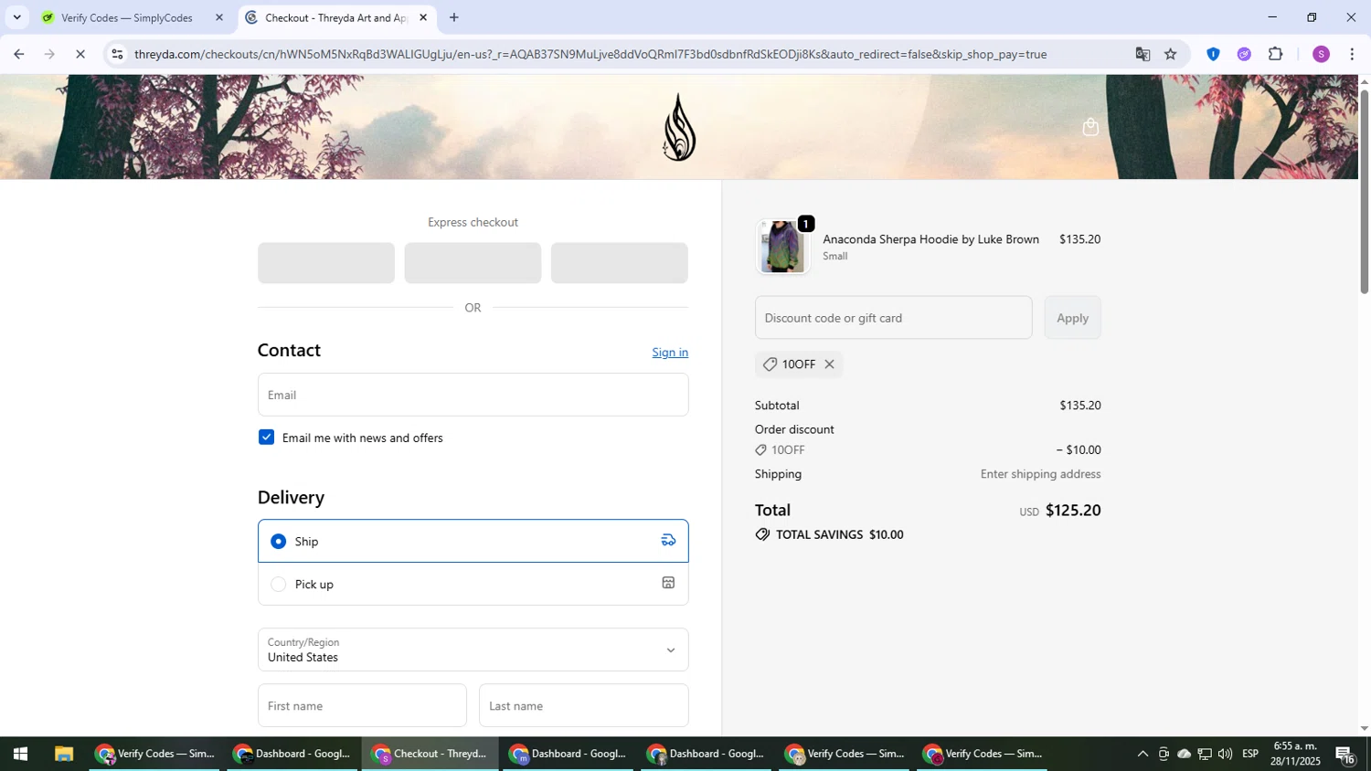 Threyda discount code screenshot showing code 10off applied at Threyda checkout page. Uploaded by SimplyCodes community member Son_Goku on Nov 28, 2025