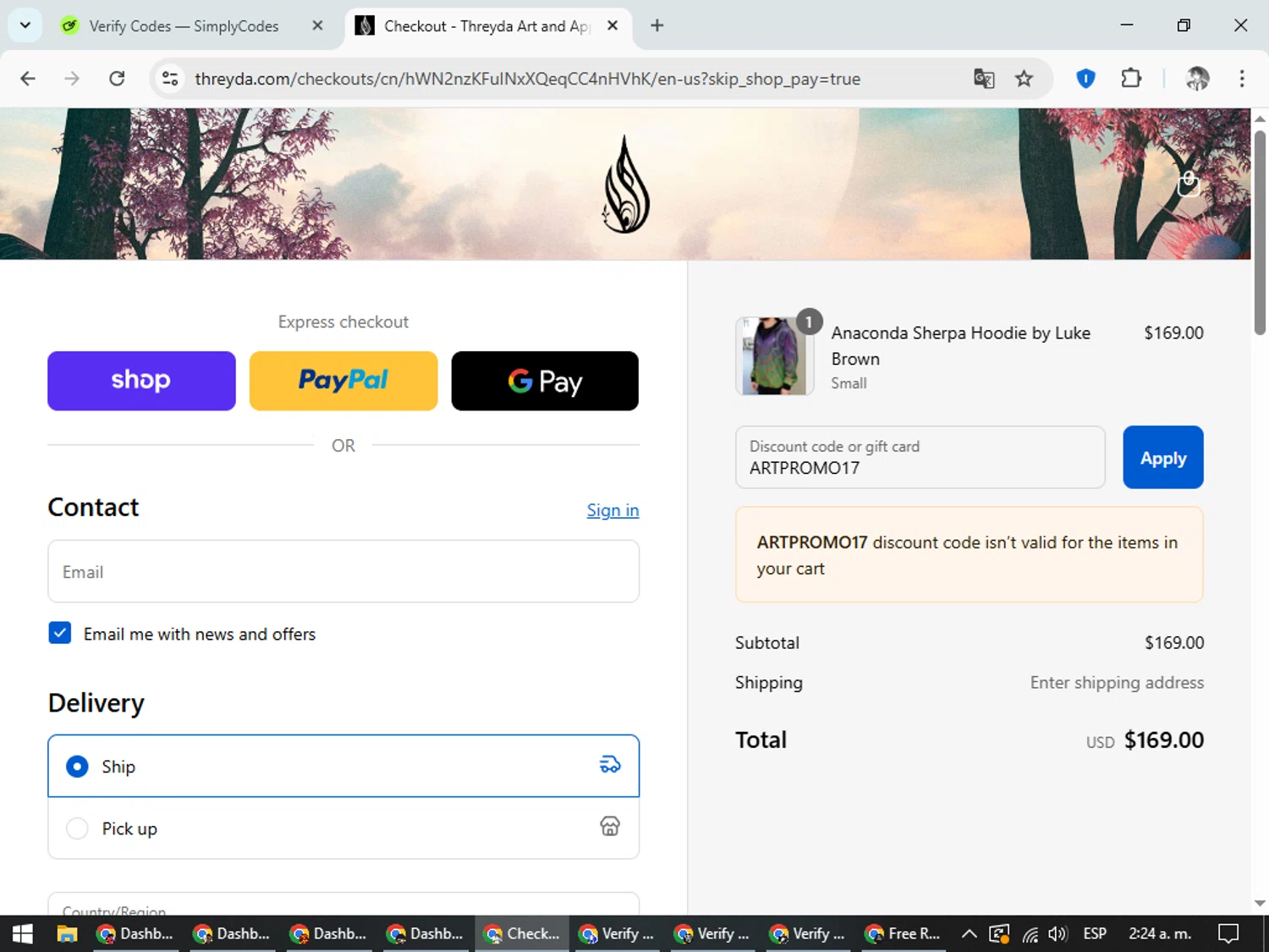 Threyda discount code screenshot showing code ARTPROMO17 applied at Threyda checkout page. Uploaded by SimplyCodes community member CleverLegend6607 on Sep 10, 2025