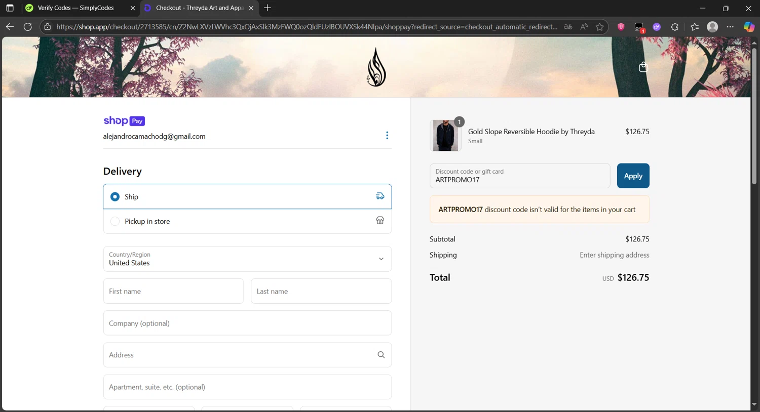 Threyda discount code screenshot showing code ARTPROMO17 applied at Threyda checkout page. Uploaded by SimplyCodes community member PedriGonzalez on Jun 20, 2025