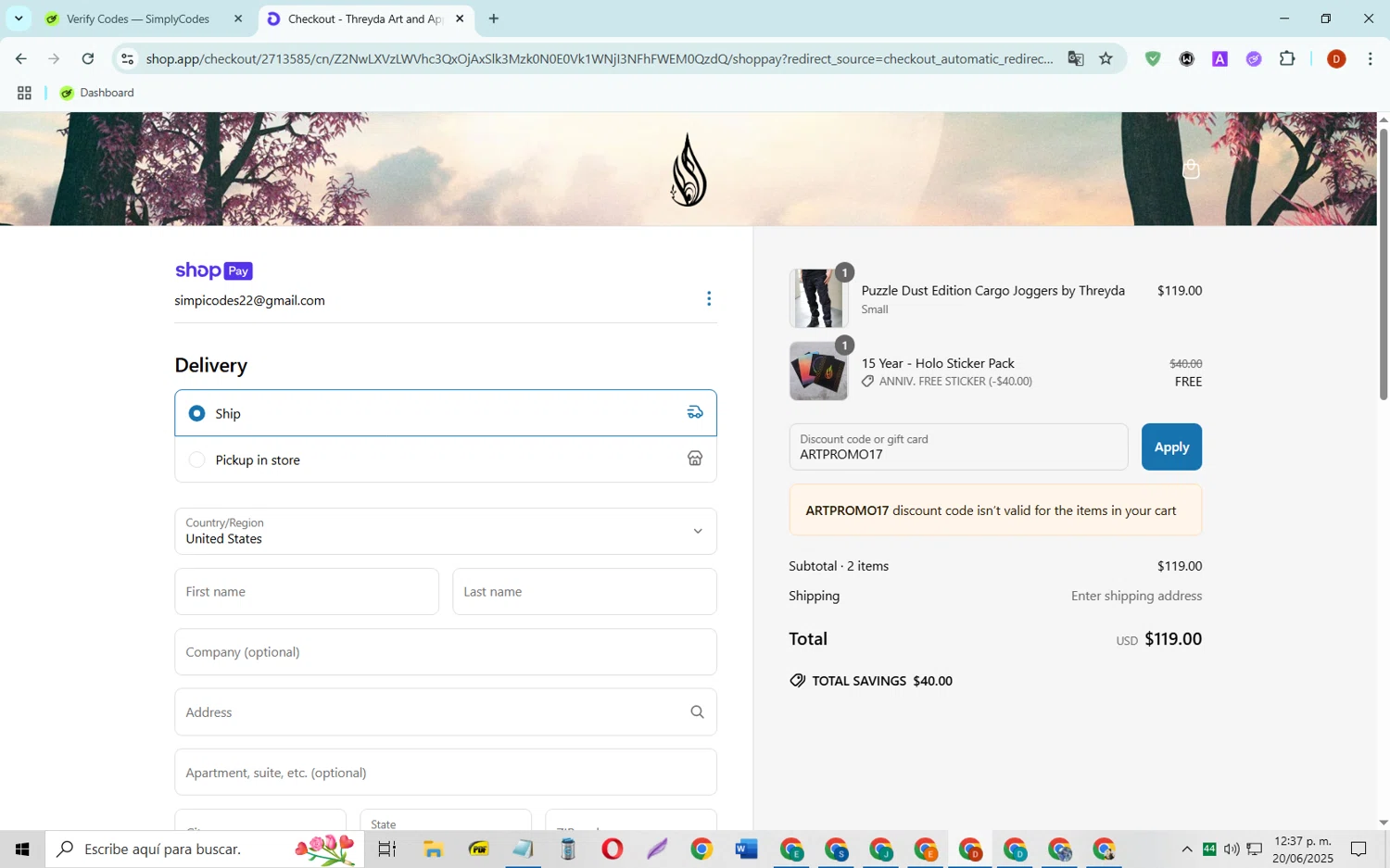 Threyda discount code screenshot showing code ARTPROMO17 applied at Threyda checkout page. Uploaded by SimplyCodes community member SaleSaver3540 on Jun 20, 2025
