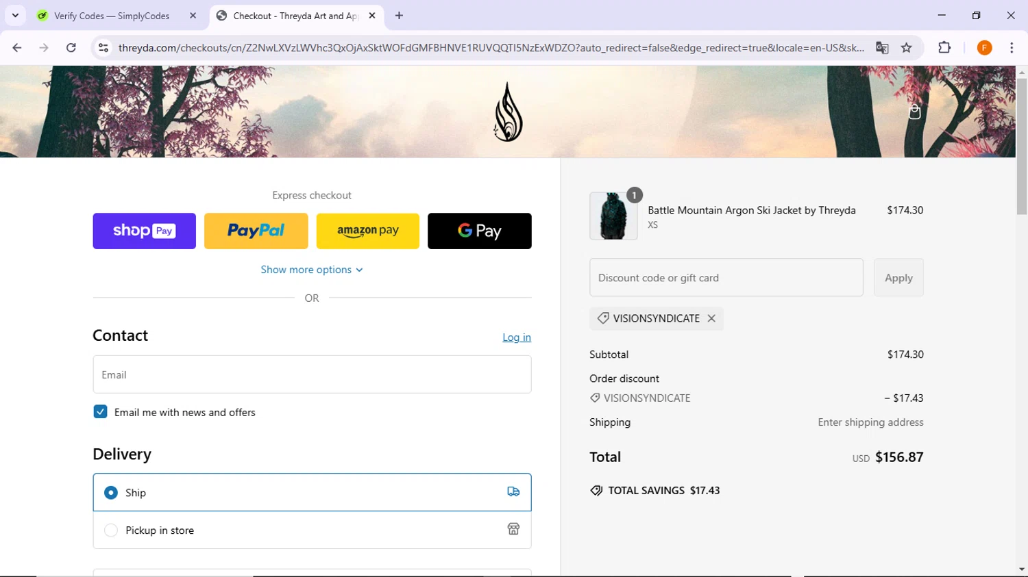 Threyda discount code screenshot showing code VISIONSYNDICATE applied at Threyda checkout page. Uploaded by SimplyCodes community member TreasureSleuth5198 on Feb 11, 2025
