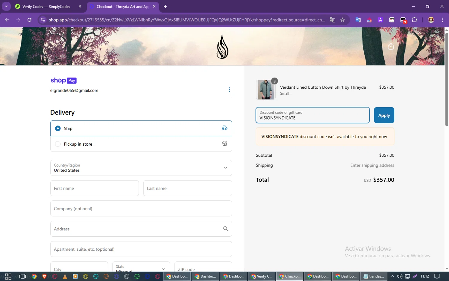 Threyda discount code screenshot showing code VISIONSYNDICATE applied at Threyda checkout page. Uploaded by SimplyCodes community member PrimeSeeker905 on Mar 20, 2025