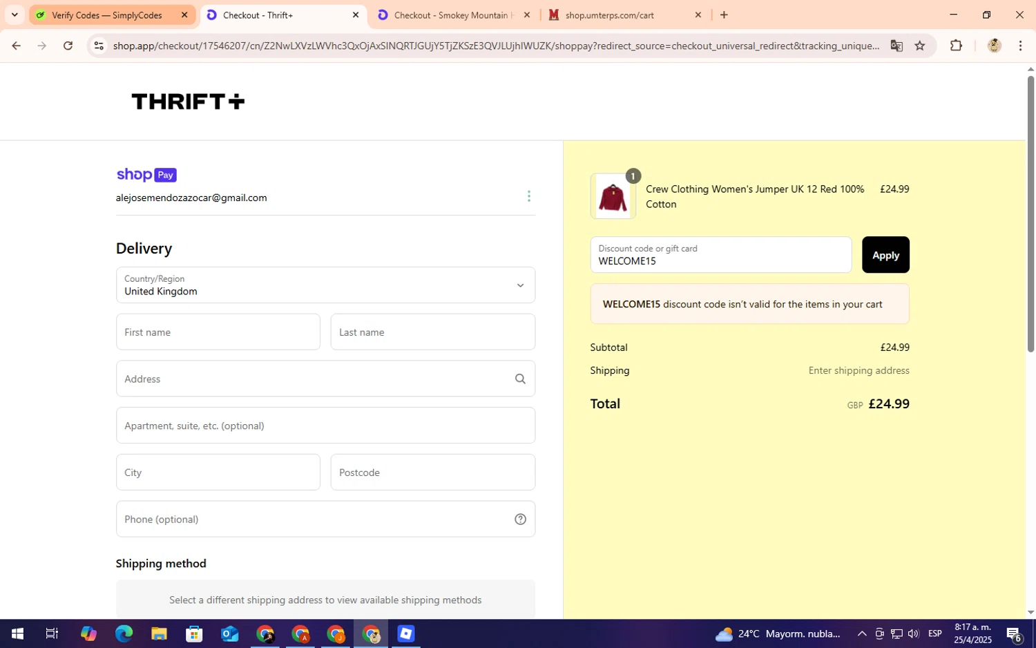 Thrift+ coupon code screenshot showing code WELCOME15 applied at Thrift+ checkout page. Uploaded by SimplyCodes community member Lilithh on Apr 25, 2025