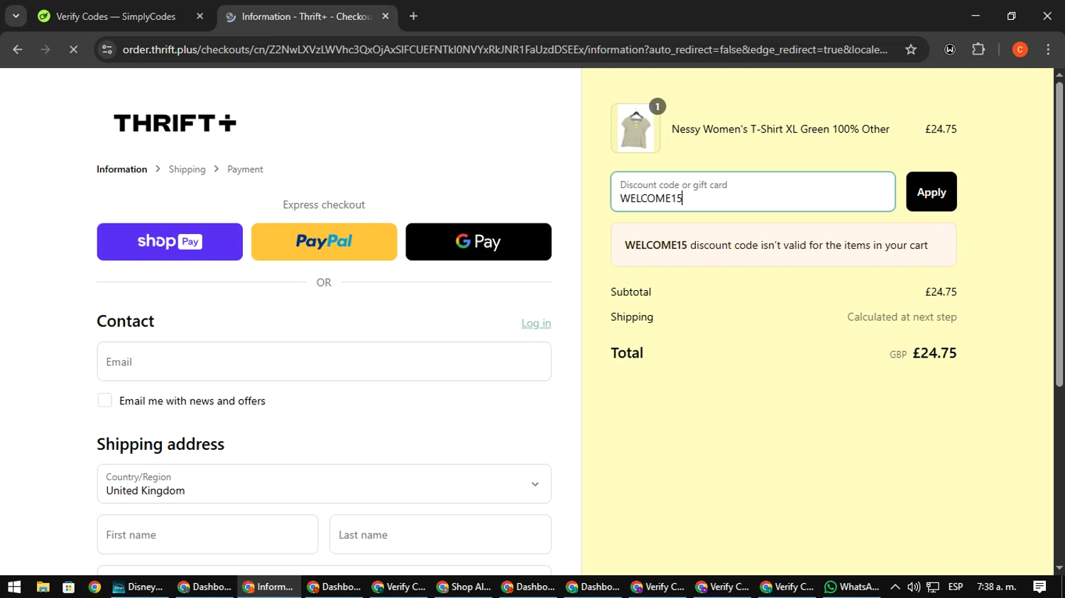 Thrift+ coupon code screenshot showing code WELCOME15 applied at Thrift+ checkout page. Uploaded by SimplyCodes community member NatanaelCano on Mar 27, 2025