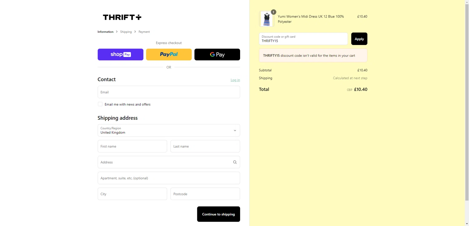 Thrift+ coupon code screenshot showing code THRIFTY15 applied at Thrift+ checkout page. Uploaded by SimplyCodes community member EpicEagle816 on May 4, 2025