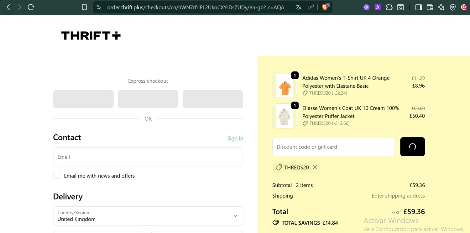 Thrift+ checkout page showing Thrift+ coupon code box | Screenshot taken by SimplyCodes community member on Jan 21, 2026