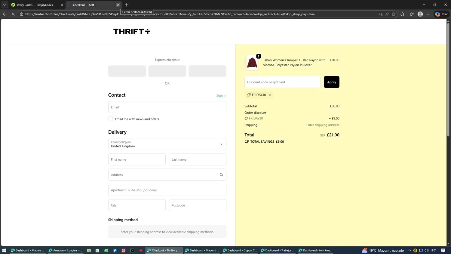 Thrift+ checkout page showing Thrift+ coupon code box | Screenshot taken by SimplyCodes community member on Jan 30, 2026