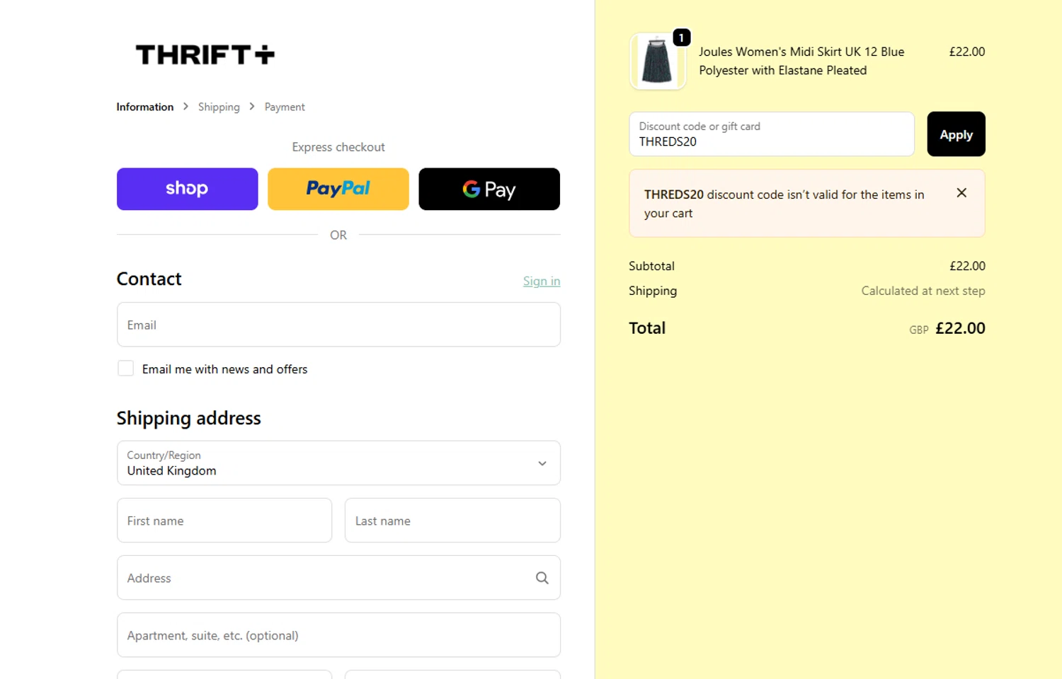Thrift+ coupon code screenshot showing code THREDS20 applied at Thrift+ checkout page. Uploaded by SimplyCodes community member Dorothy on Nov 24, 2025