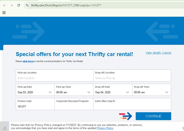 Thrifty Rental Car checkout page showing Thrifty Rental Car promo code box | Screenshot taken by SimplyCodes community member on Sep 2, 2025