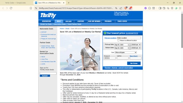 Thrifty Rental Car checkout page showing Thrifty Rental Car promo code box | Screenshot taken by SimplyCodes community member on Sep 2, 2025