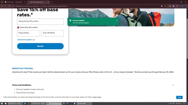 Thrifty Rental Car checkout page showing Thrifty Rental Car promo code box | Screenshot taken by SimplyCodes community member on Sep 2, 2025