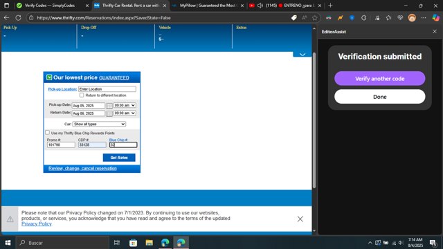Thrifty Rental Car checkout page showing Thrifty Rental Car promo code box | Screenshot taken by SimplyCodes community member on Aug 4, 2025
