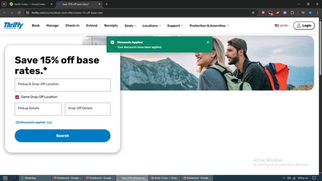 Thrifty Rental Car checkout page showing Thrifty Rental Car promo code box | Screenshot taken by SimplyCodes community member on Aug 23, 2025