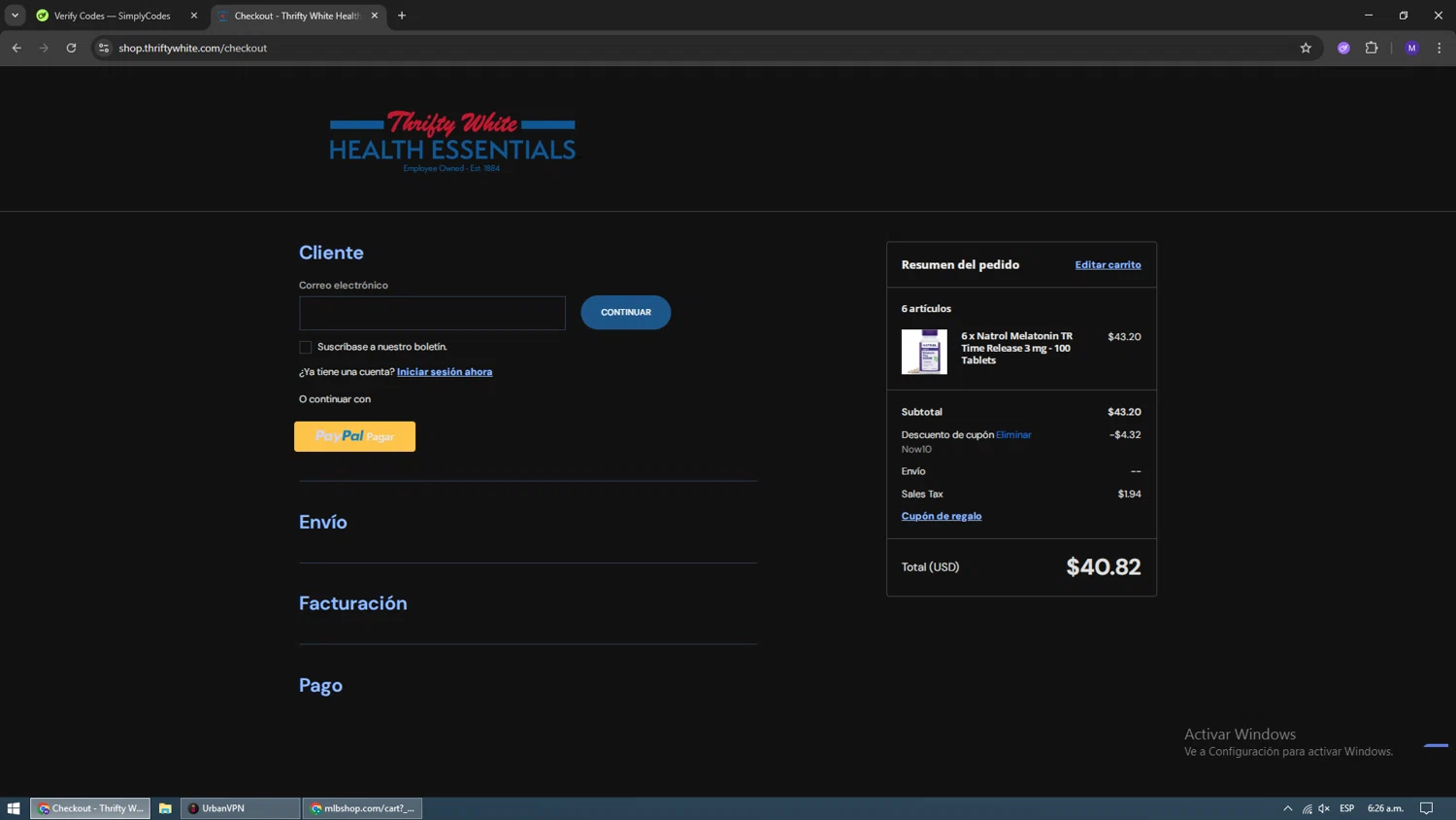Thrifty White coupon code screenshot showing code Now10 applied at Thrifty White checkout page. Uploaded by SimplyCodes community member dominictoretto on Dec 3, 2025