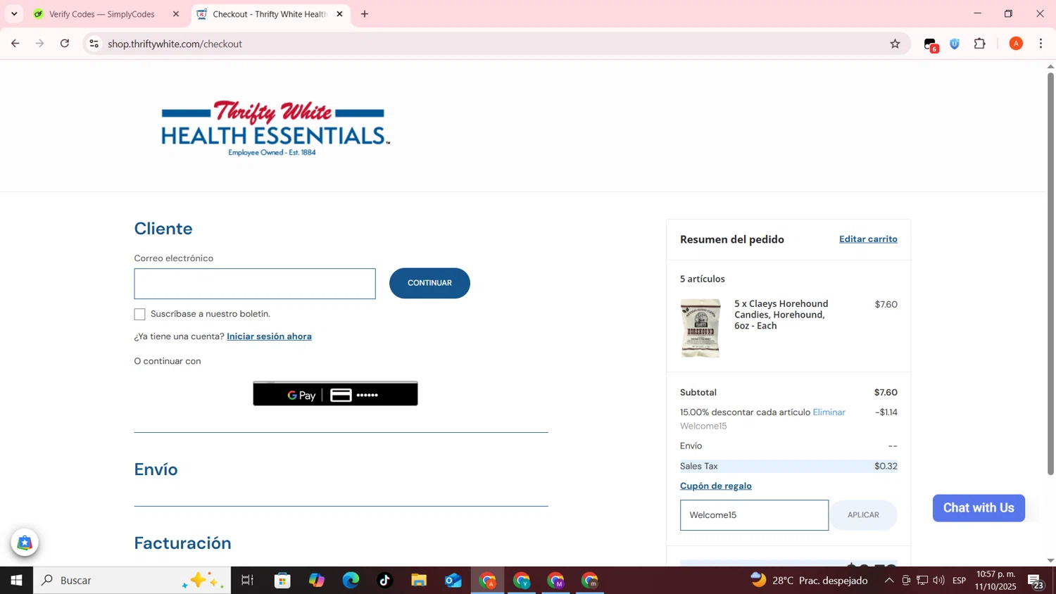 Thrifty White coupon code screenshot showing code Welcome15 applied at Thrifty White checkout page. Uploaded by SimplyCodes community member FrugalSentinel6206 on Oct 12, 2025