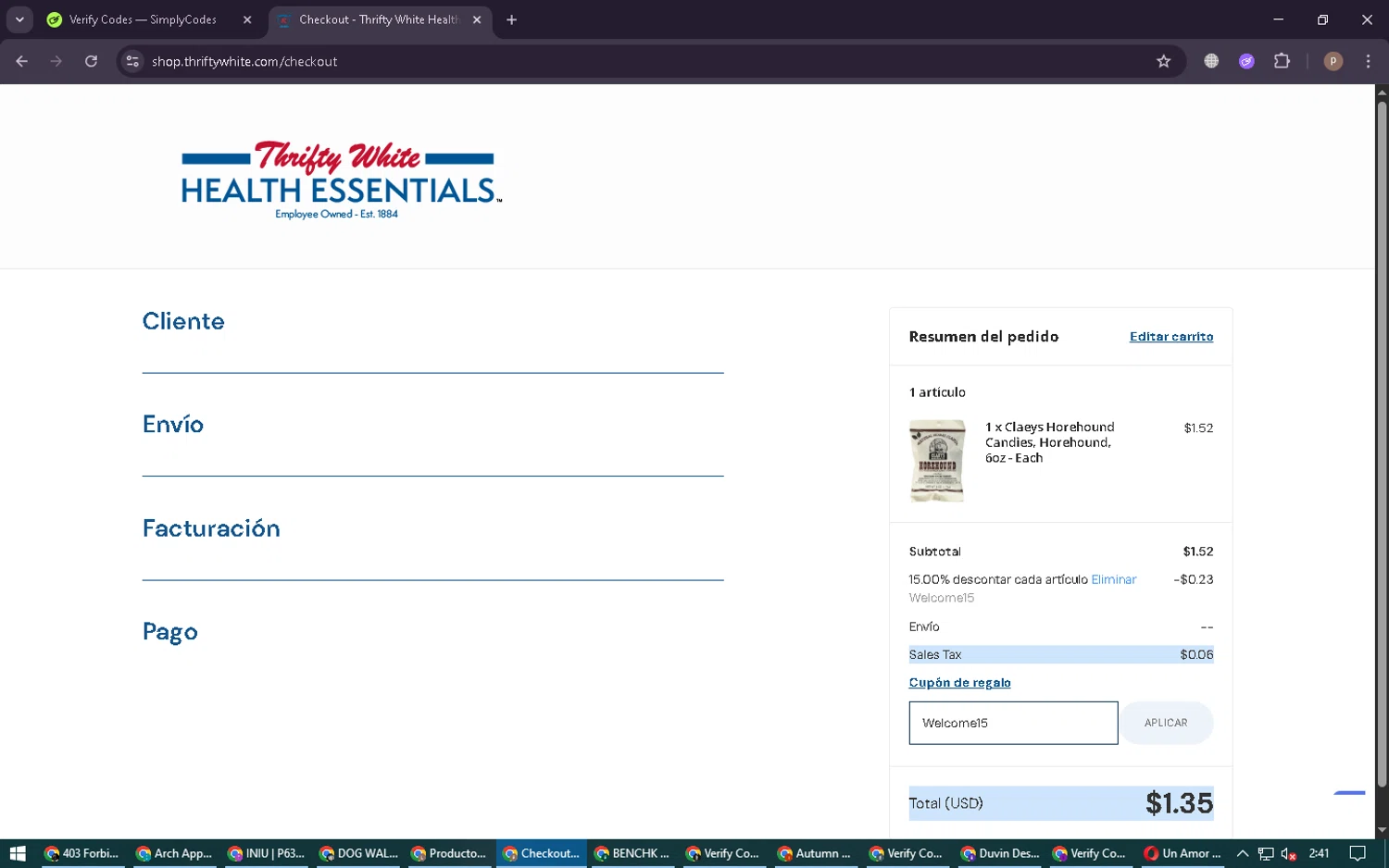 Thrifty White coupon code screenshot showing code Welcome15 applied at Thrifty White checkout page. Uploaded by SimplyCodes community member RoyalSleuth6331 on Oct 2, 2025