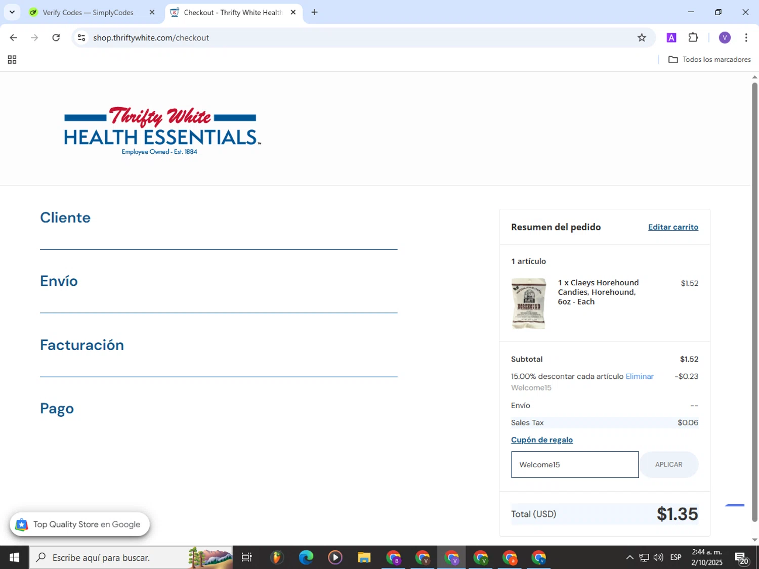 Thrifty White coupon code screenshot showing code Welcome15 applied at Thrifty White checkout page. Uploaded by SimplyCodes community member Satoru_gojo on Oct 2, 2025