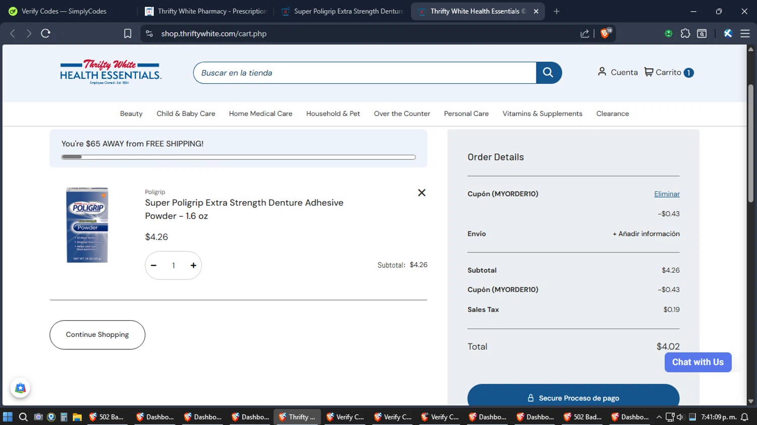 Thrifty White checkout page showing Thrifty White coupon code box | Screenshot taken by SimplyCodes community member on Jan 13, 2026