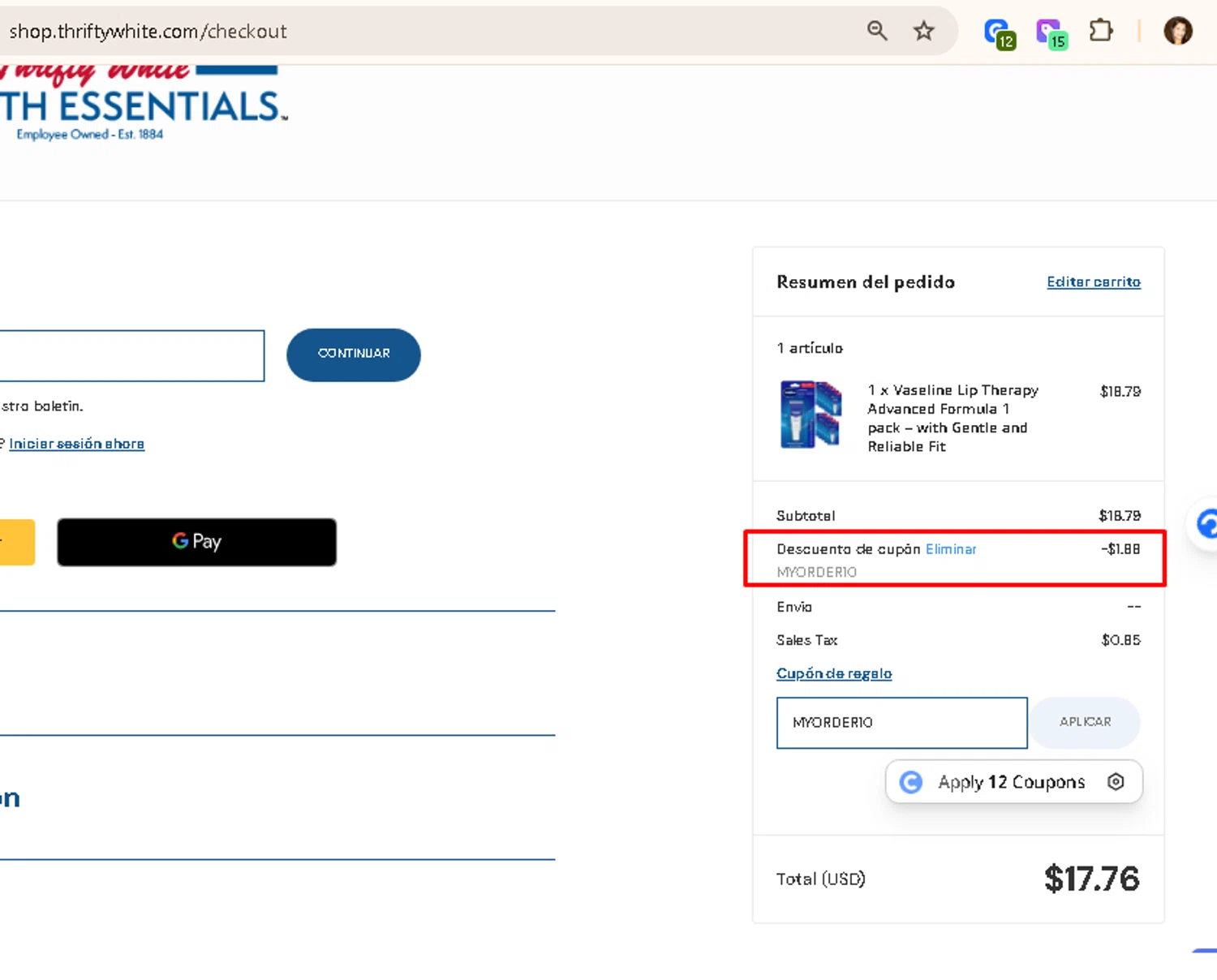 Thrifty White coupon code screenshot showing code MYORDER10 applied at Thrifty White checkout page. Uploaded by SimplyCodes community member AMANDA2681 on Nov 22, 2025