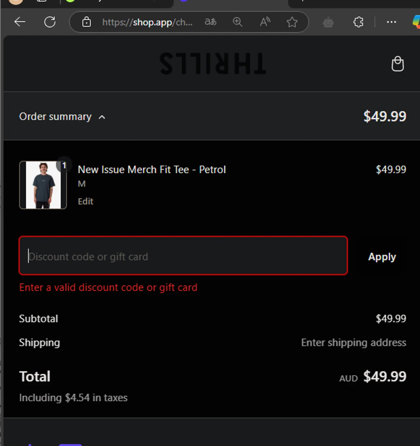Thrills promo code screenshot showing code FREESHIP applied at Thrills checkout page. Uploaded by SimplyCodes community member PedroNavaja on Feb 26, 2025
