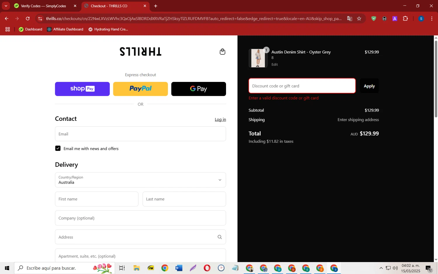 Thrills promo code screenshot showing code FREESHIP1124 applied at Thrills checkout page. Uploaded by SimplyCodes community member CleverOwl2485 on Mar 15, 2025