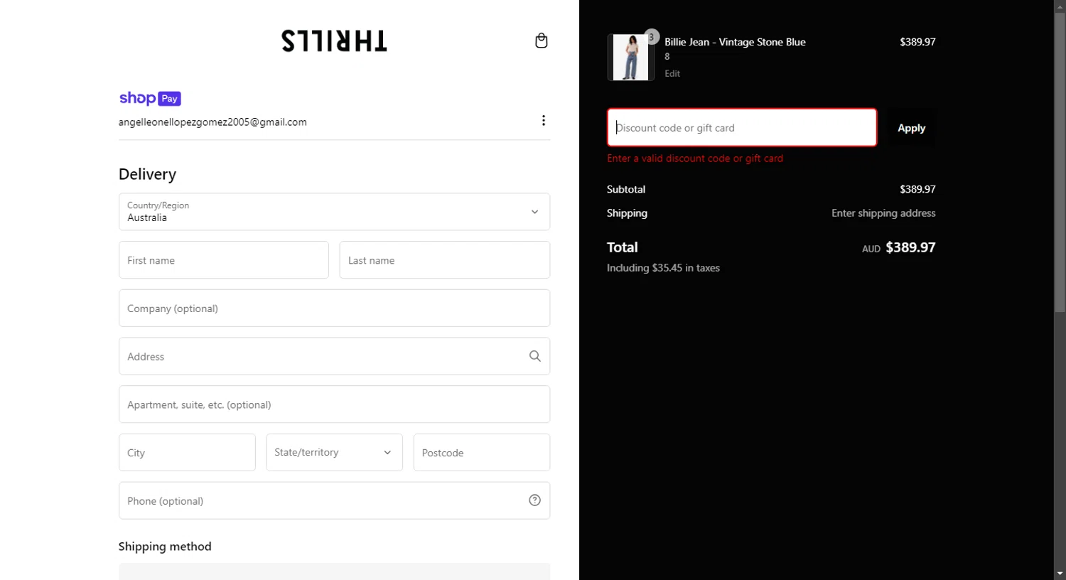 Thrills promo code screenshot showing code FREESHIP1124 applied at Thrills checkout page. Uploaded by SimplyCodes community member TreasureShopper9156 on Feb 20, 2025