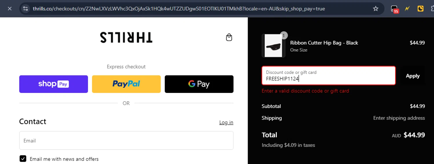 Thrills promo code screenshot showing code FREESHIP1124 applied at Thrills checkout page. Uploaded by SimplyCodes community member six_eyes on Feb 20, 2025