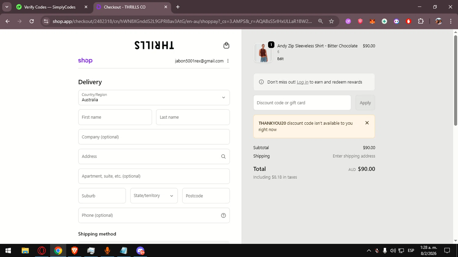 Thrills checkout page showing Thrills promo code box | Screenshot taken by SimplyCodes community member on Feb 8, 2026