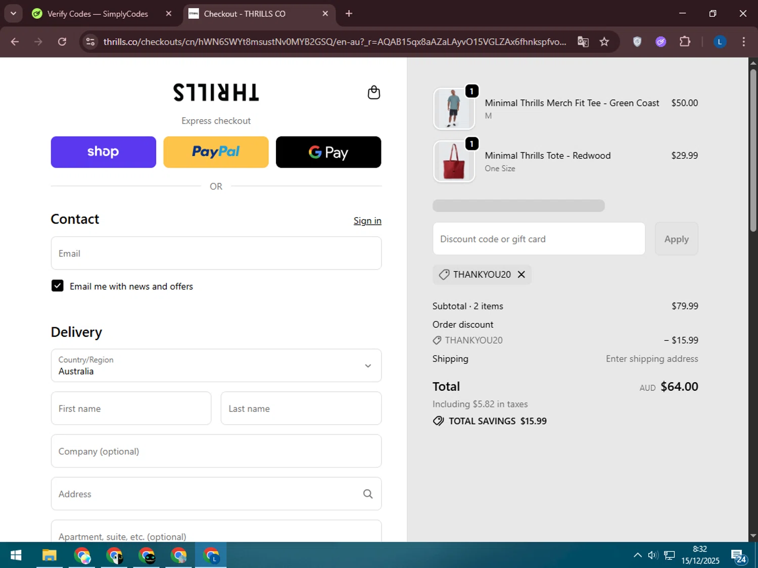 Thrills promo code screenshot showing code THANKYOU20 applied at Thrills checkout page. Uploaded by SimplyCodes community member LegendaryLegend5536 on Dec 15, 2025