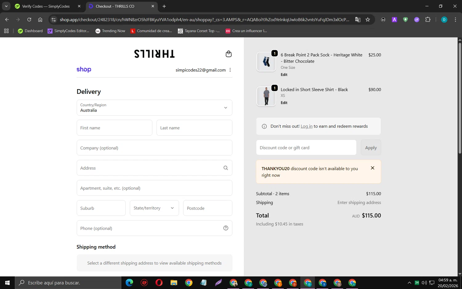 Thrills checkout page showing Thrills promo code box | Screenshot taken by SimplyCodes community member on Feb 20, 2026