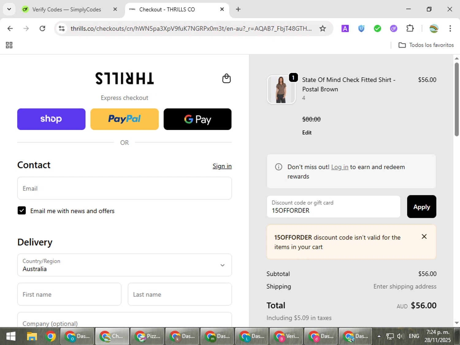 Thrills promo code screenshot showing code 15OFFORDER applied at Thrills checkout page. Uploaded by SimplyCodes community member CoinMaven5220 on Nov 28, 2025