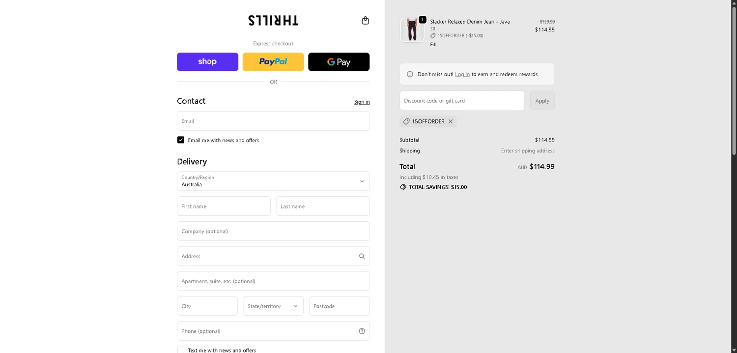 Thrills promo code screenshot showing code 15OFFORDER applied at Thrills checkout page. Uploaded by SimplyCodes community member VictoriousFinder4393 on Dec 22, 2025