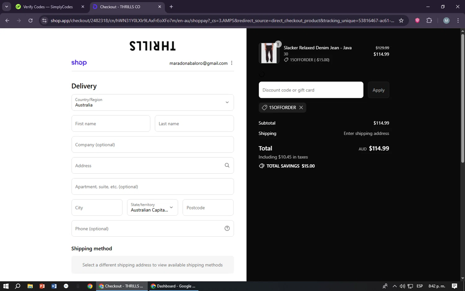 Thrills promo code screenshot showing code 15OFFORDER applied at Thrills checkout page. Uploaded by SimplyCodes community member maraxo on Sep 16, 2025