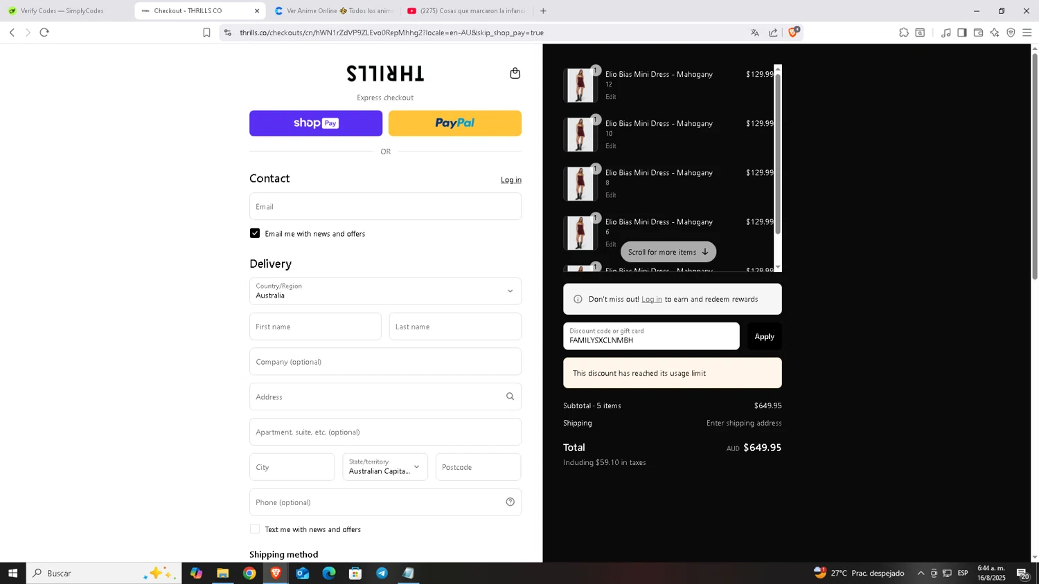 Thrills promo code screenshot showing code FAMILYSXCLNMBH applied at Thrills checkout page. Uploaded by SimplyCodes community member Carloscoder_900457733 on Aug 16, 2025