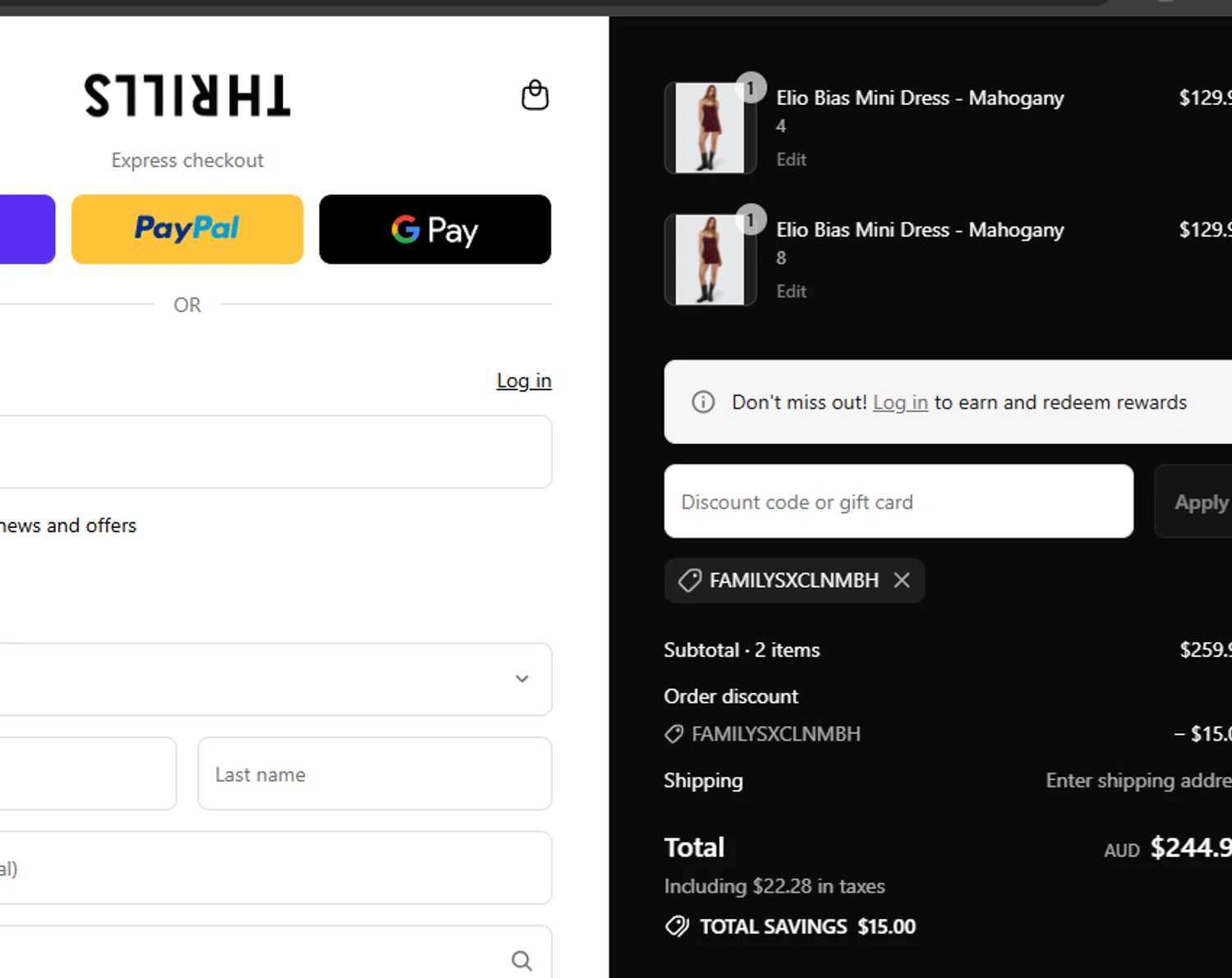 Thrills promo code screenshot showing code FAMILYSXCLNMBH applied at Thrills checkout page. Uploaded by SimplyCodes community member Dejadepicharme on Aug 13, 2025