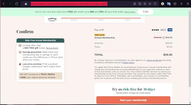Thrive Market checkout page showing Thrive Market promo code box | Screenshot taken by SimplyCodes community member on Jun 8, 2023