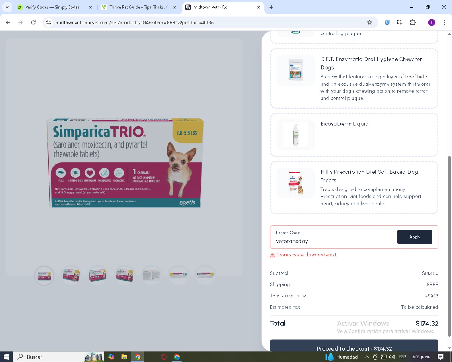 Thrive Pet Healthcare coupon code screenshot showing code veteransday applied at Thrive Pet Healthcare checkout page. Uploaded by SimplyCodes community member CashFox8311 on Nov 11, 2025