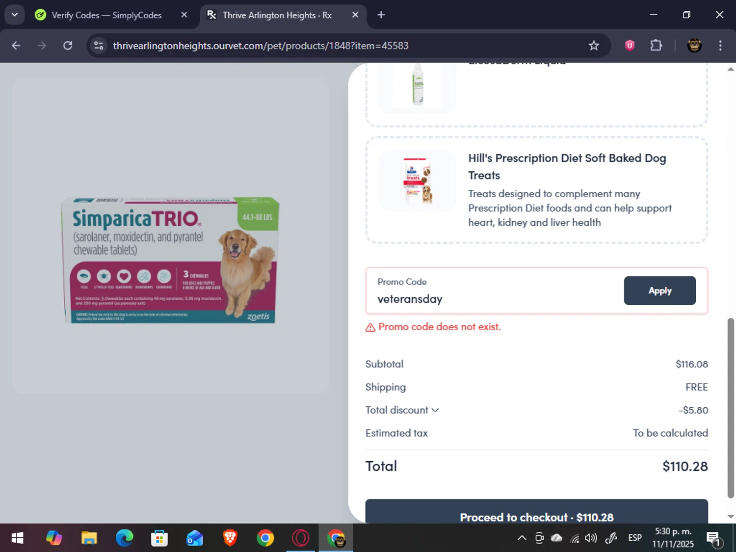 Thrive Pet Healthcare coupon code screenshot showing code veteransday applied at Thrive Pet Healthcare checkout page. Uploaded by SimplyCodes community member abrahanv on Nov 11, 2025