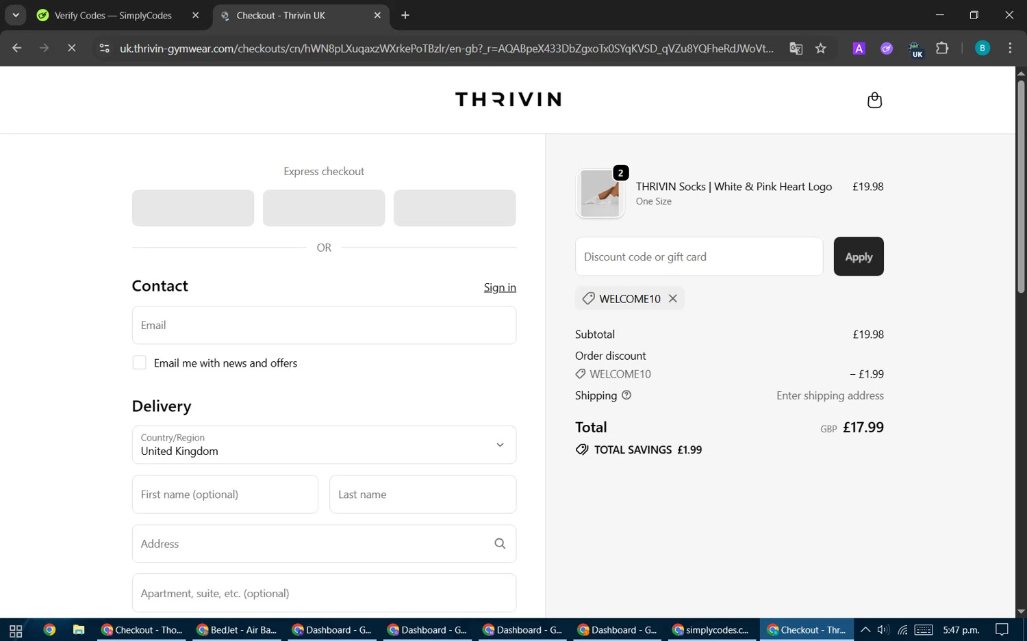 Thrivin checkout page showing Thrivin promo code box | Screenshot taken by SimplyCodes community member on Feb 15, 2026