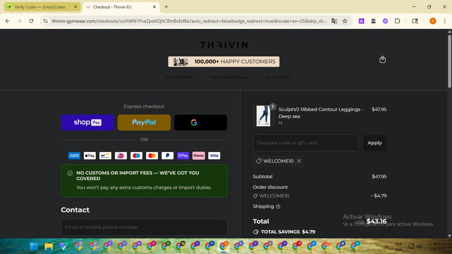Thrivin promo code screenshot showing code WELCOME10 applied at Thrivin checkout page. Uploaded by SimplyCodes community member SavingsMaverick3203 on Aug 4, 2025