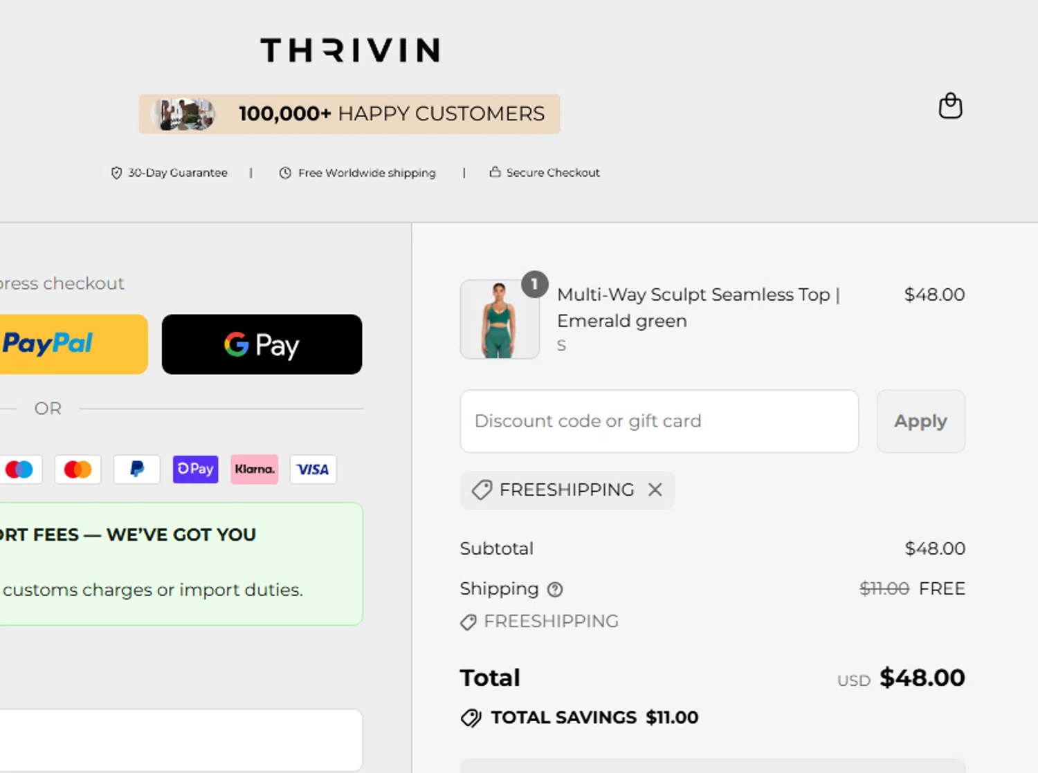 Thrivin promo code screenshot showing code FREESHIPPING applied at Thrivin checkout page. Uploaded by SimplyCodes community member CouponLion324 on Sep 2, 2025