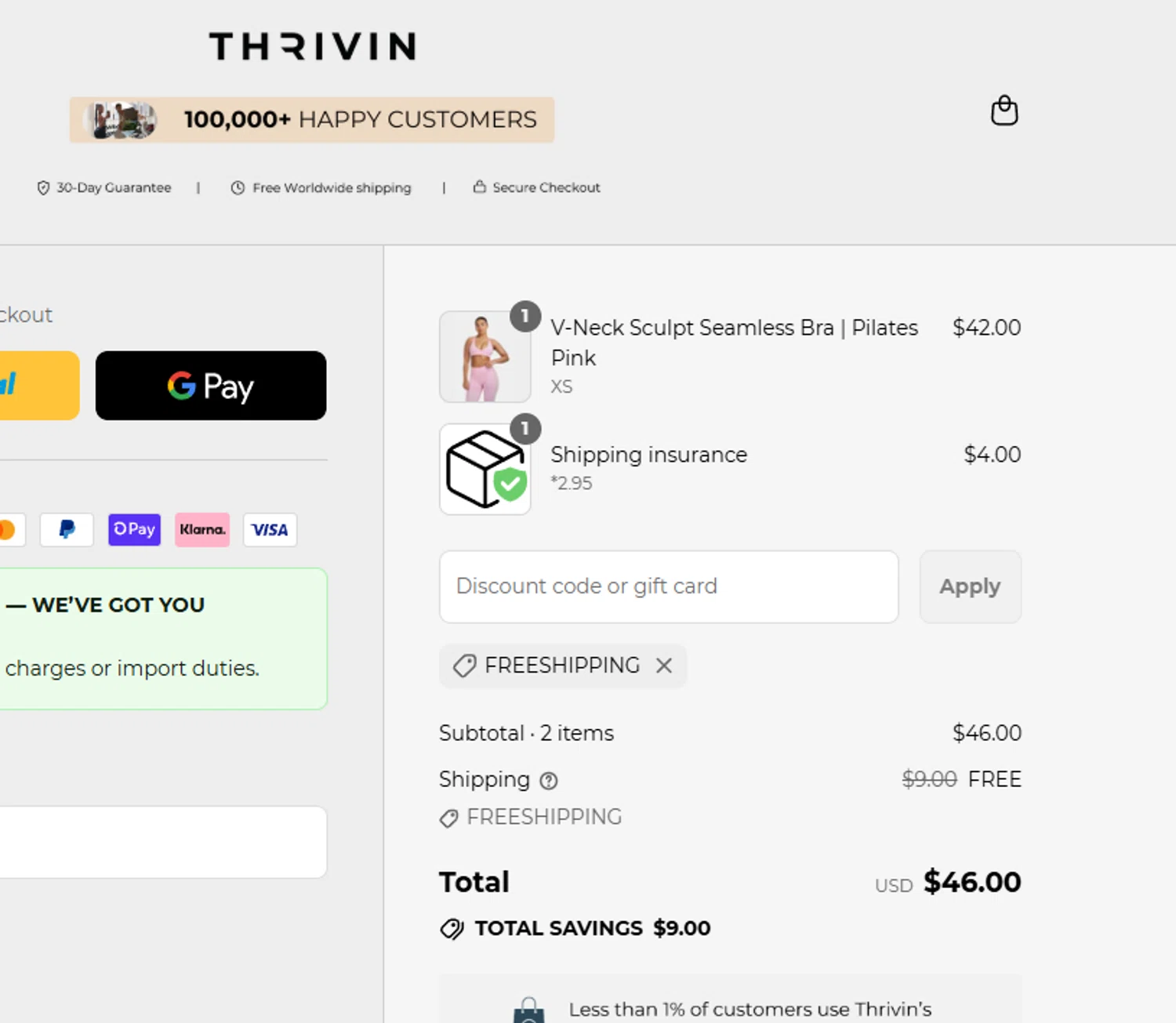 Thrivin promo code screenshot showing code FREESHIPPING applied at Thrivin checkout page. Uploaded by SimplyCodes community member aumentadax10 on Jul 6, 2025
