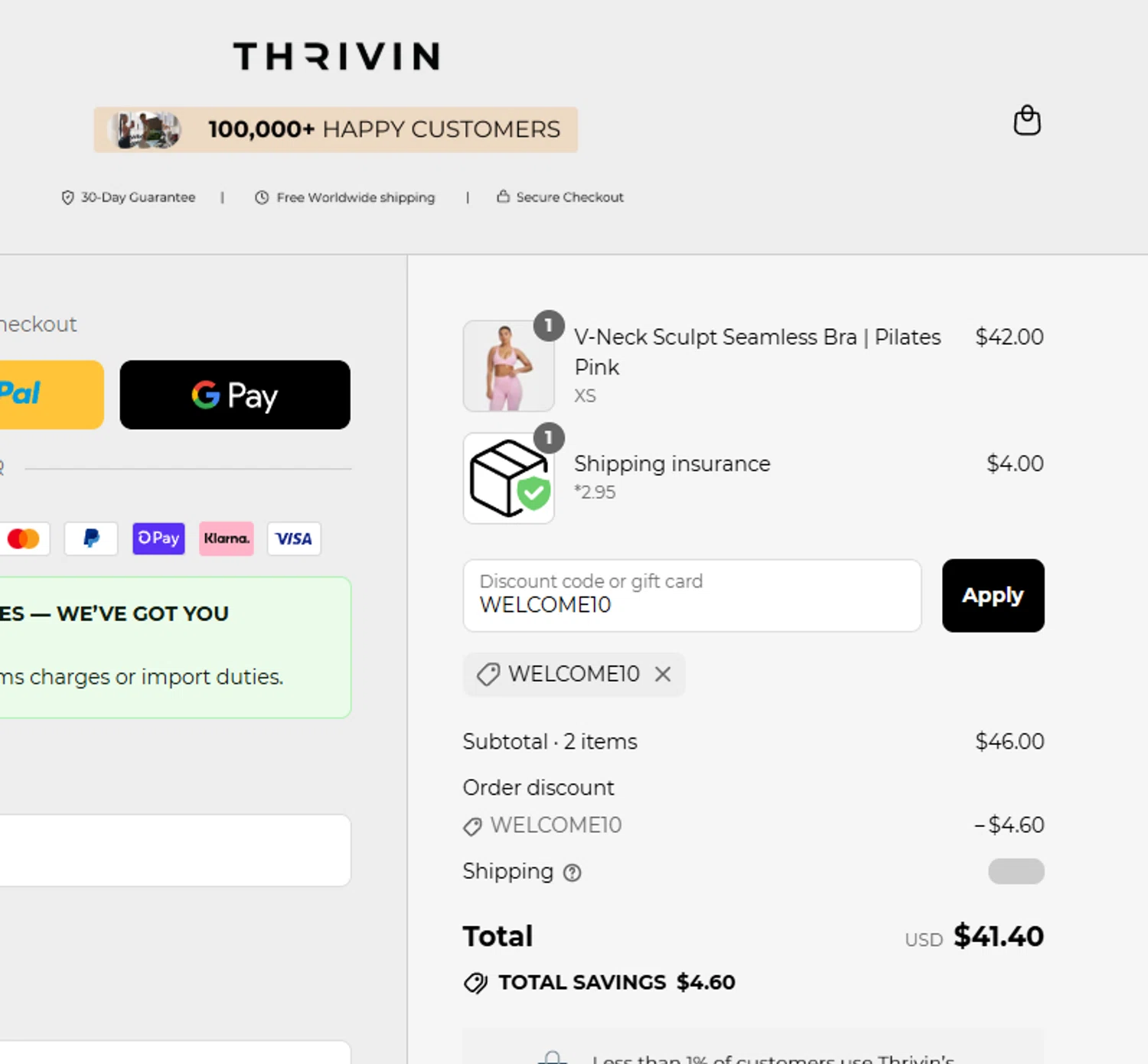 Thrivin promo code screenshot showing code WELCOME10 applied at Thrivin checkout page. Uploaded by SimplyCodes community member aumentadax10 on Jul 6, 2025