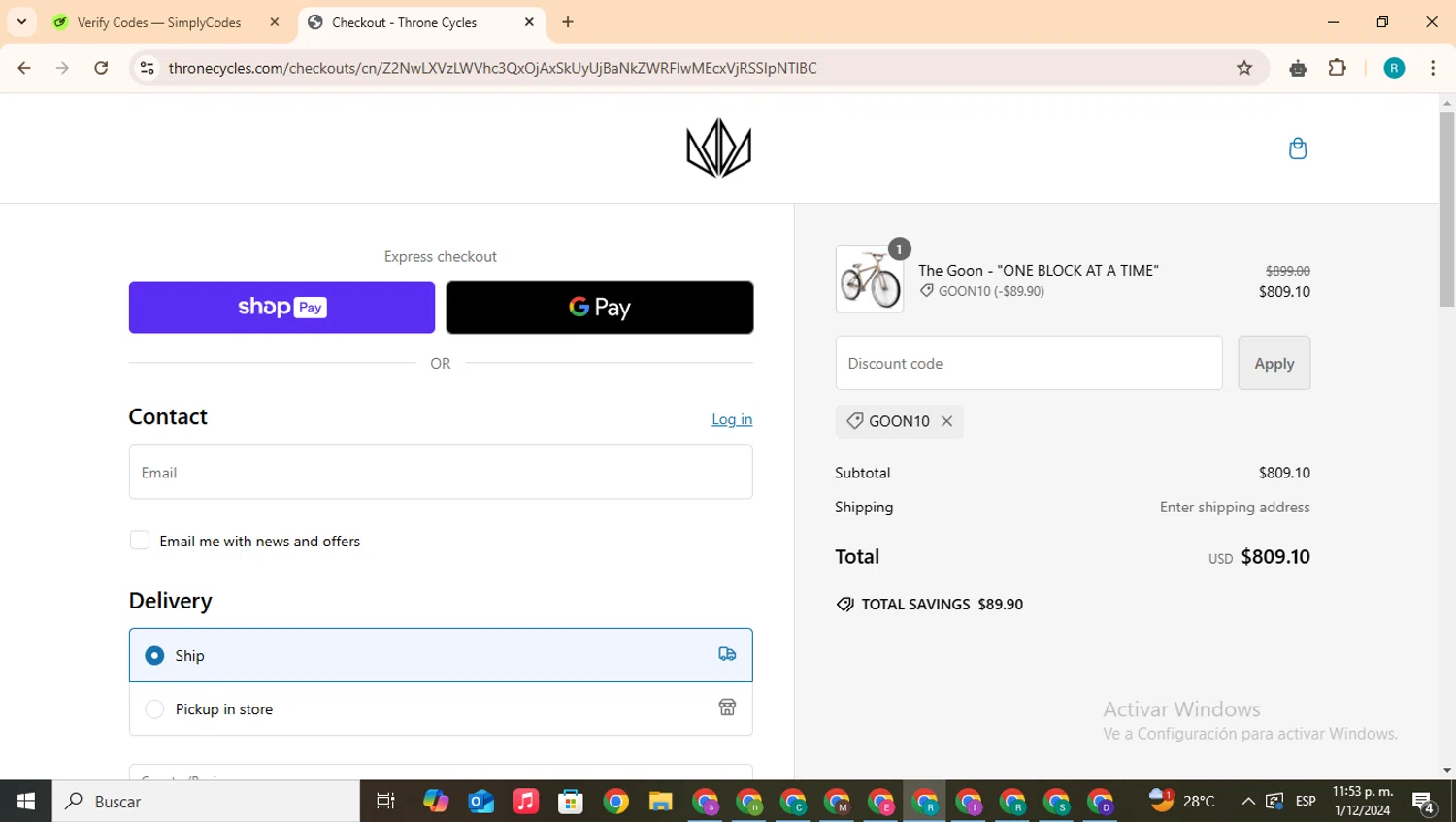 Throne Cycles checkout page showing Throne Cycles promo code box | Screenshot taken by SimplyCodes community member on Dec 2, 2024